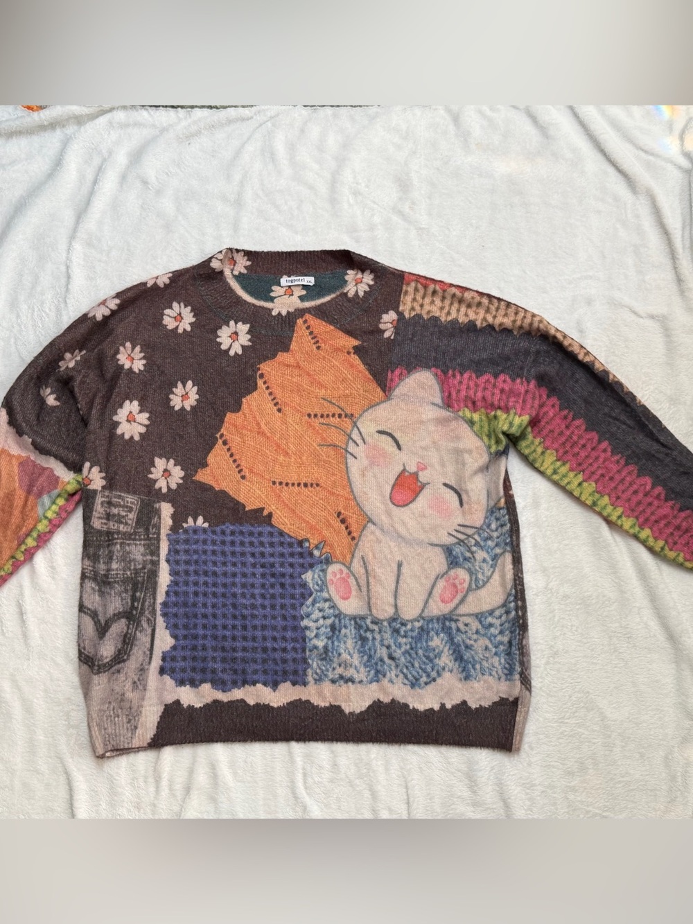 Togputel XXL Whimsical Cat Patchwork Oversized Knit Sweater